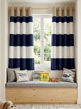 2 Pottery Barn Kids Rugby Blue White Grommet  LBlackout Curtain Panels 44 x 84”